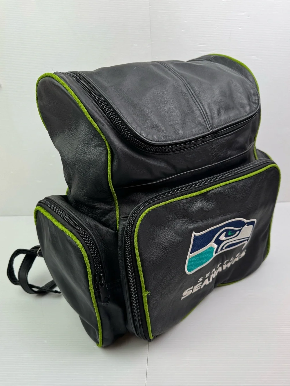 Seattle Seahawks Genuine Leather Backpack VTG Style Black Action Green NFL
